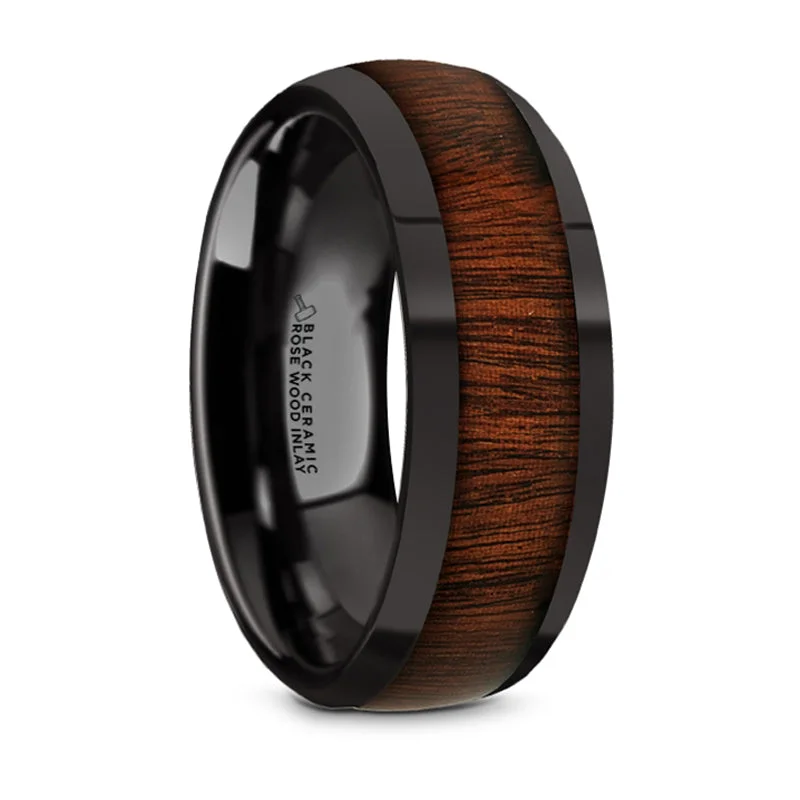 women's princess cut engagement rings-Thorsten Rosae Black Ceramic Domed Profile Polished Finish Wedding Band w/ Rose Wood Inlay (8mm) BC5962-DPRW