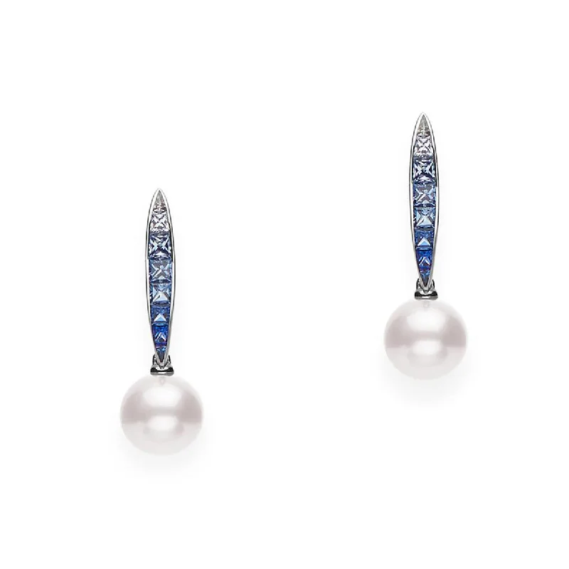 women's classic stud earrings-Akoya Cultured Pearl Ocean Earrings with Blue Sapphire