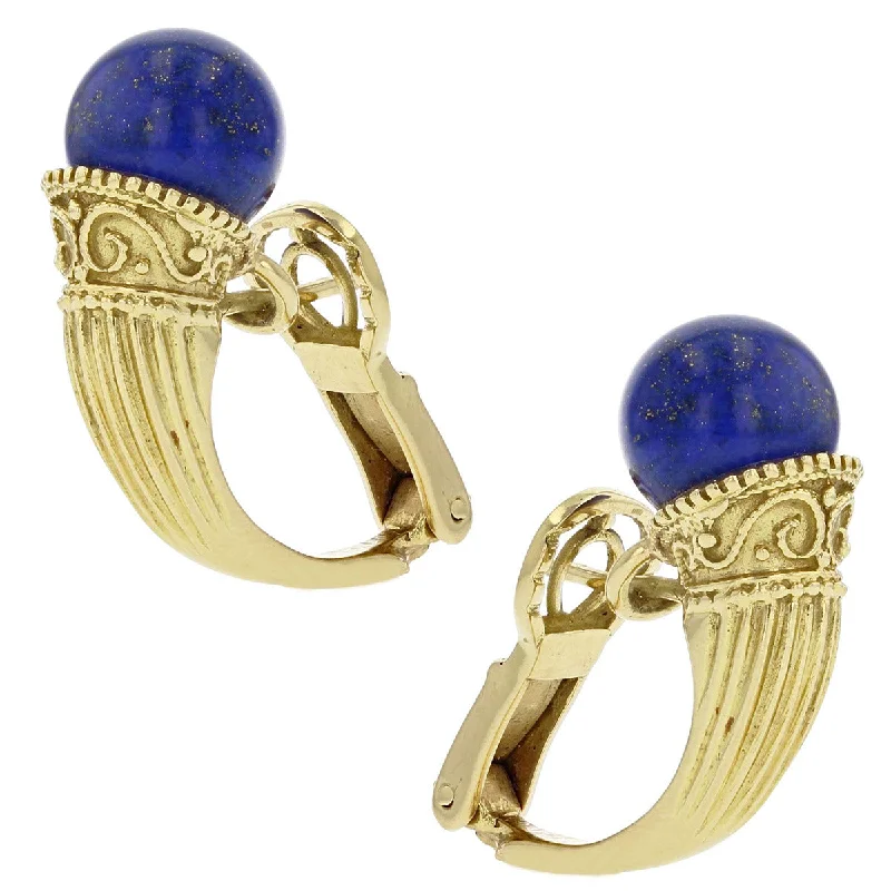 women's gemstone dangly earrings-1970s 18K Yellow Gold Lapis Lazuli Earrings