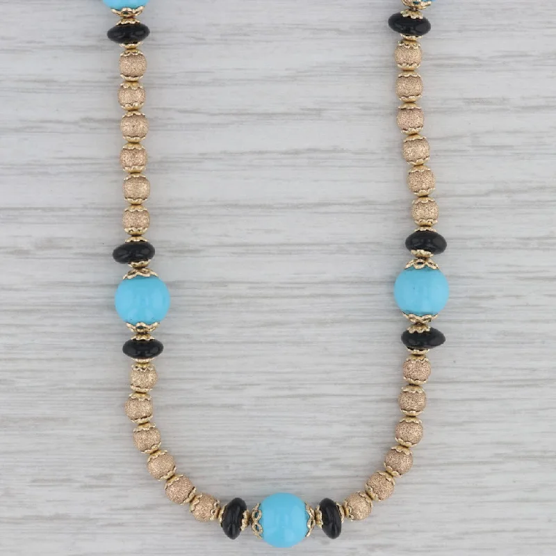 women's layered gold necklaces-Faro Italy Simulated Turquoise Onyx Bead Strand Necklace 14k Yellow Gold 17"