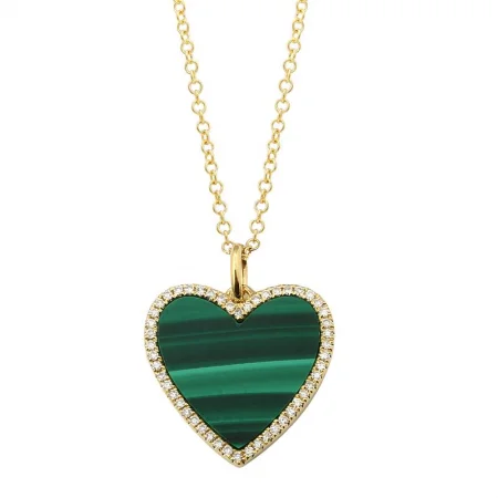 women's bold necklaces-14K Yellow Gold Diamond + Malachite Small Heart Necklace