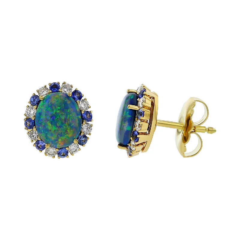 women's silver earrings-Black Opal, Sapphire and Diamond Stud Earrings