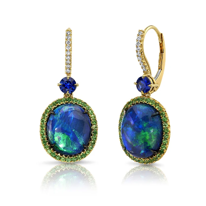 women's lotus earrings-Black Opal, Sapphire, Tsavorite Garnet and Diamond Earrings