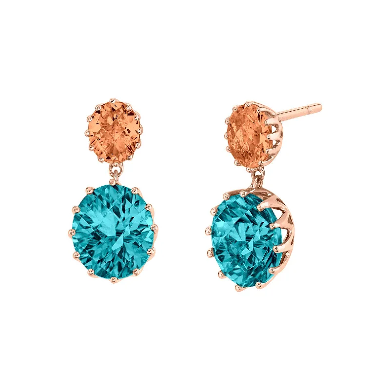 women's infinity earrings-Blue Zircon and Spice Zircon 14K Rose Gold Drop Earrings