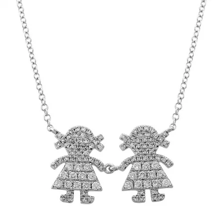 women's love necklaces-14K White Gold Diamond Two Girls Necklace