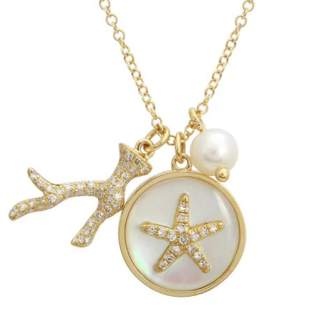 women's gemstone necklaces-14K Yellow Gold Pearl Starfish Necklace