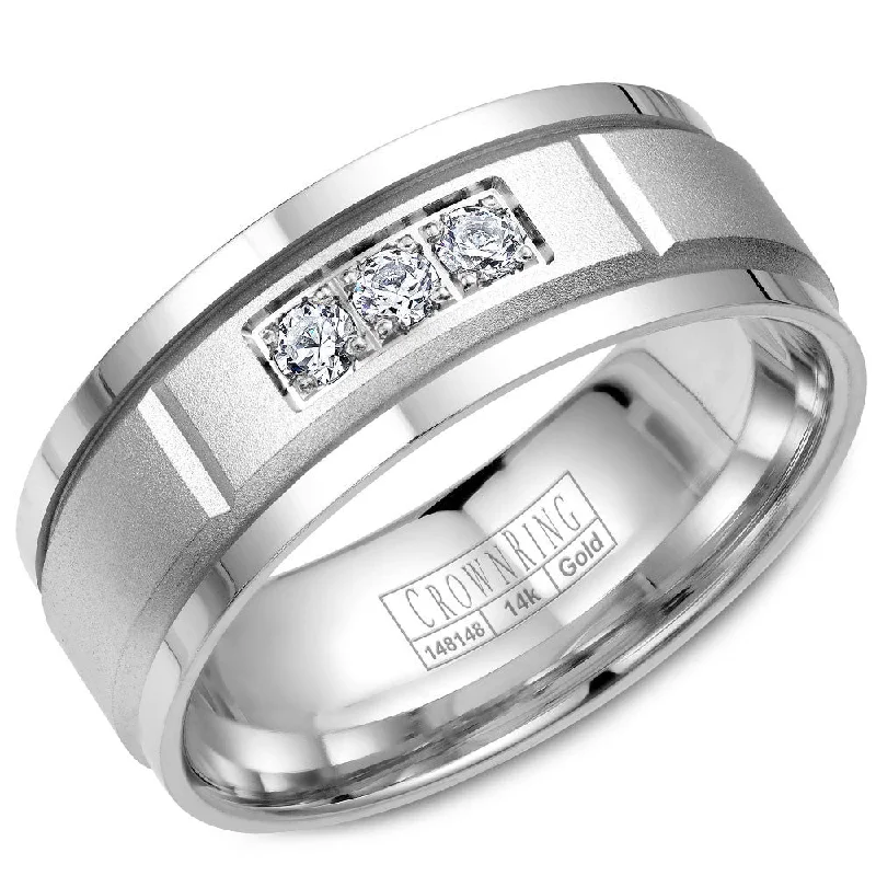 women's platinum engagement rings-CrownRing 8MM 3 Round Diamond Wedding Band with Sandpaper Center & Line Detailing WB-8200