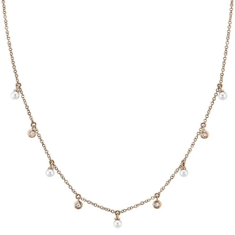 women's necklace and earring sets-14K Rose Gold Diamond & Cultured Pearl Dangle Necklace