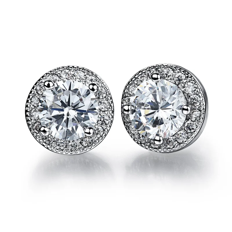 women's crystal earrings-Starla Clear Halo Silver Stud Earrings | Platinum Plated | 0.9ct