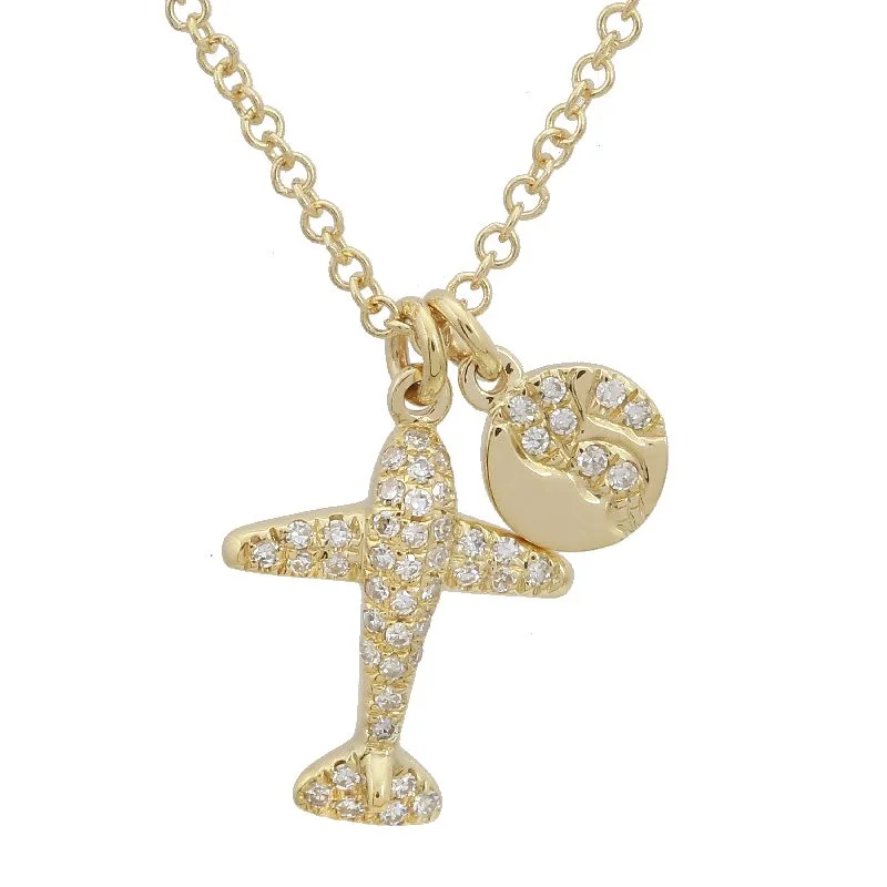 women's heart pendant necklaces-14K Yellow Gold Airplane & Earth Diamond Necklace