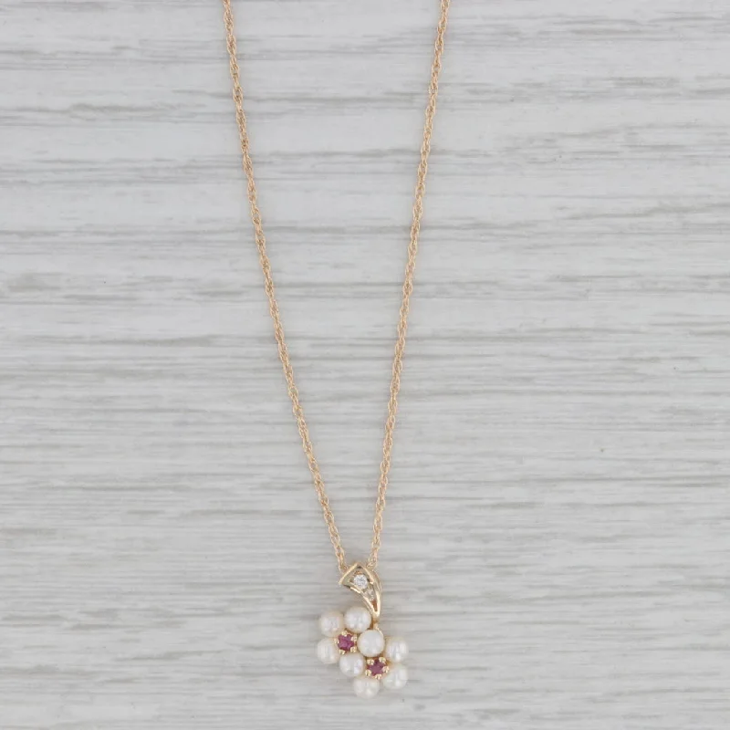 women's infinity necklaces-Cultured Pearl Ruby Diamond Flower Pendant Necklace 14k Gold 18" Rope Chain