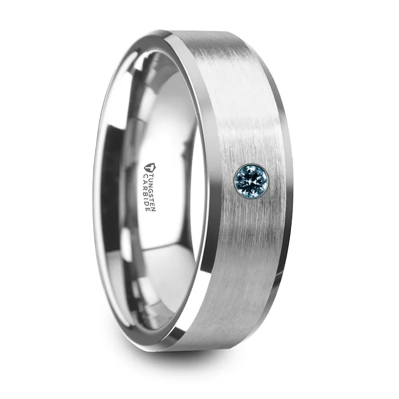 women's bridal rings with diamonds-Thorsten Moore Flat Brushed Center Polished Beveled Edges Tungsten Wedding Band w/ Blue Diamond Setting (8mm) W5979-TCBS