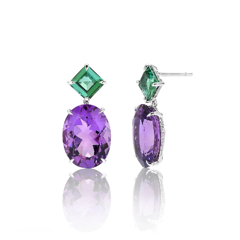 women's moonstone earrings-Amethyst and Blue Green Tourmaline Drop Earrings