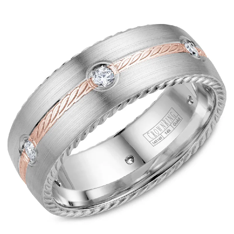 women's halo engagement rings-CrownRing 8MM Diamond Wedding Band with Rose Gold Rope Detailing WB-014RD8RW