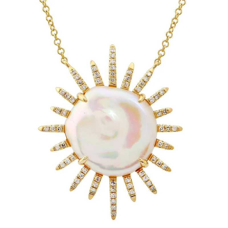 women's boho necklaces-14k Yellow Gold Coin Pearl Sun Necklace