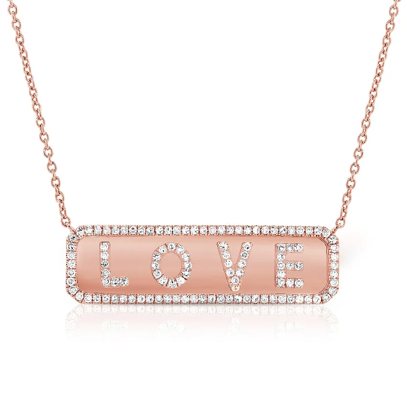 women's boho chic necklaces-14K Rose Gold Diamond "Love" Plate Necklace