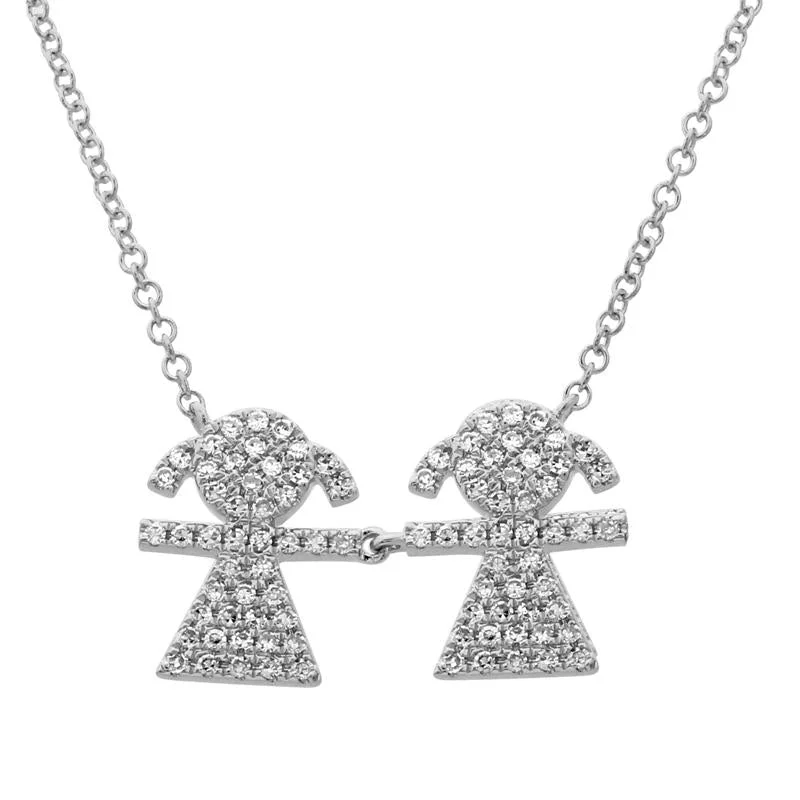 women's diamond pendant necklaces-14K White Gold Diamond Double Girl (Children) Necklace