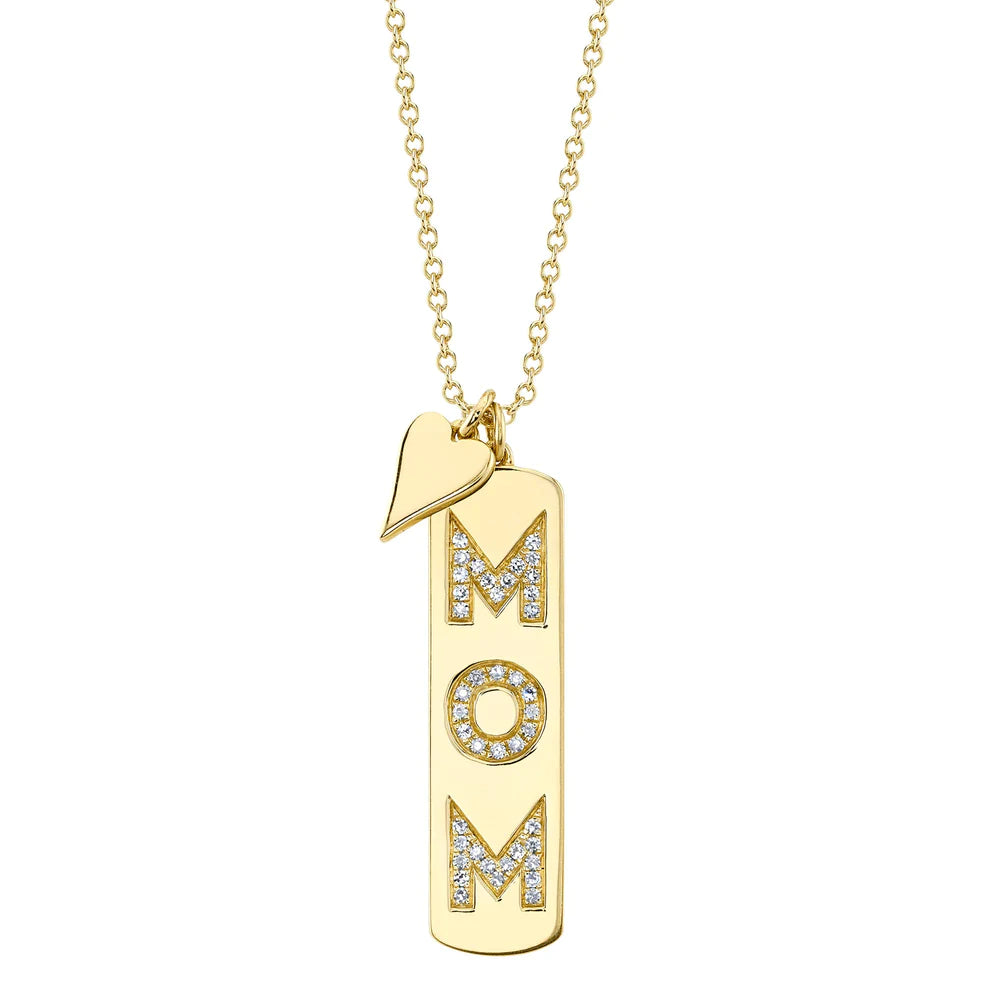 women's cross necklaces-14K Yellow Gold Diamond "Mom" Dog Tag and Heart Necklace