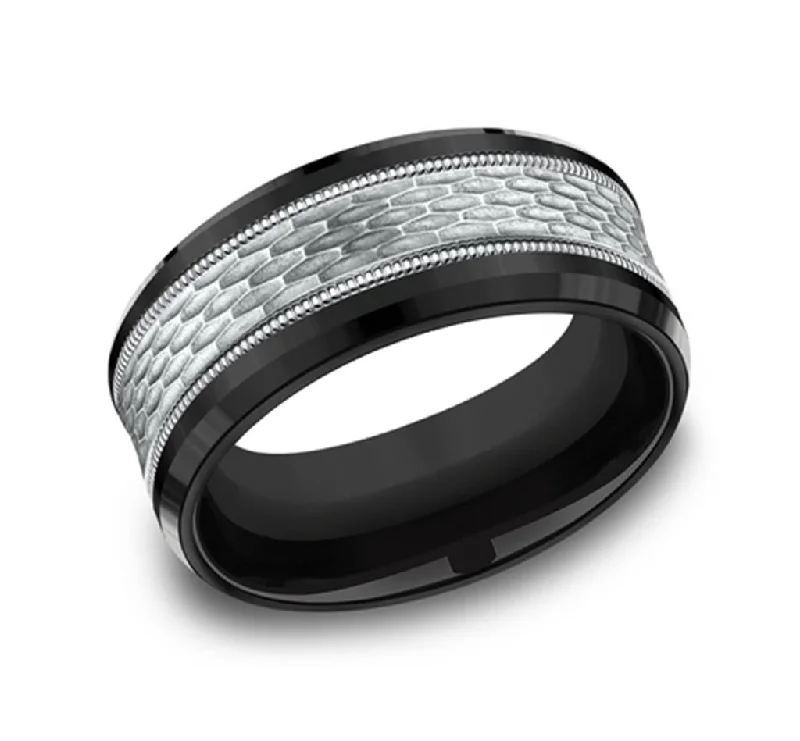 women's vintage style engagement rings-Black Titanium And 14K White Gold ‘The Athlete’ Mesh Pattern 9mm Wedding Band