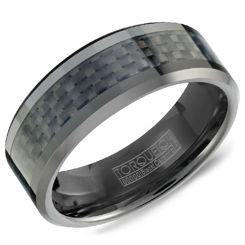 women's bridal rings with diamonds-Torque Black Ceramic Collection 8MM Wedding Band with Carbon Fiber TU-0030