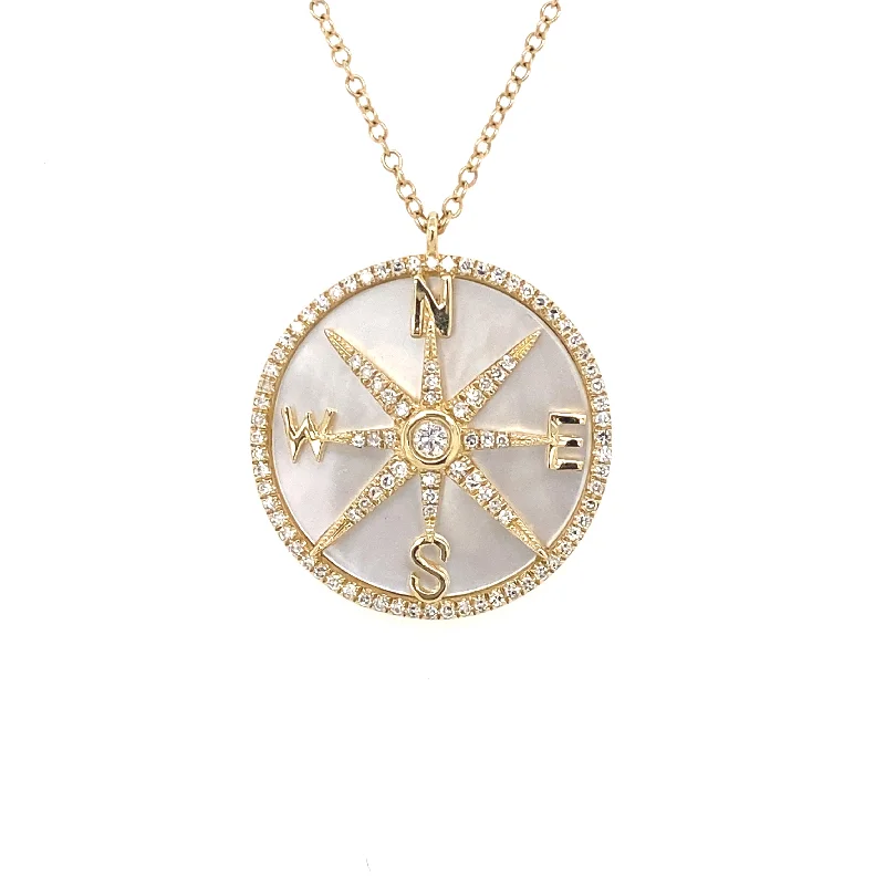 women's crystal necklaces-14K Yellow Gold Diamond + Mother of Pearl Compass Necklace