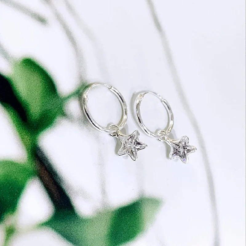 women's matching earring sets-Sterling Silver Star Hoops (1.2cm)