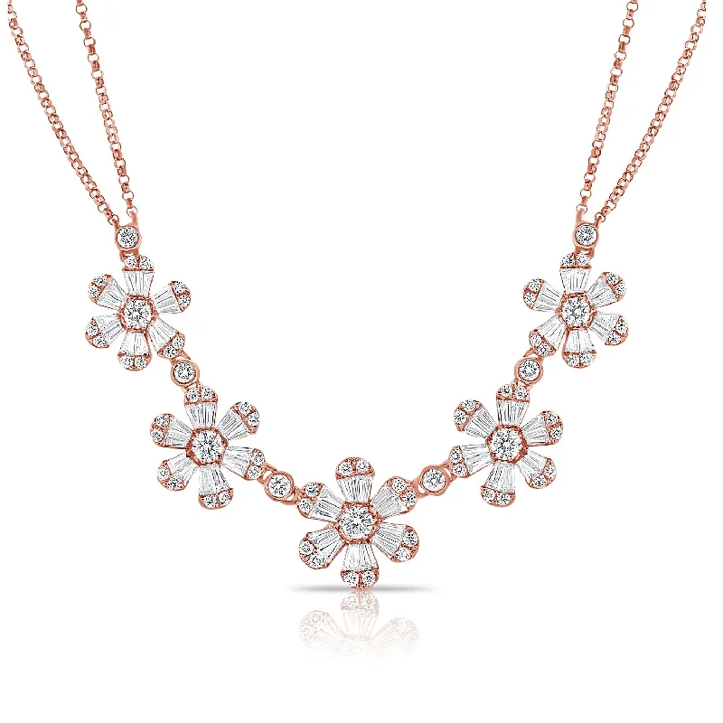 women's chain link necklaces-14K Rose Gold Baguette Diamond (5) Flower Necklace