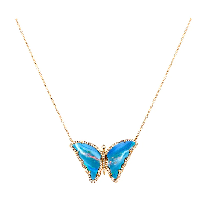 women's bold necklaces-14K Yellow Gold Diamond + Opal Butterfly Necklace