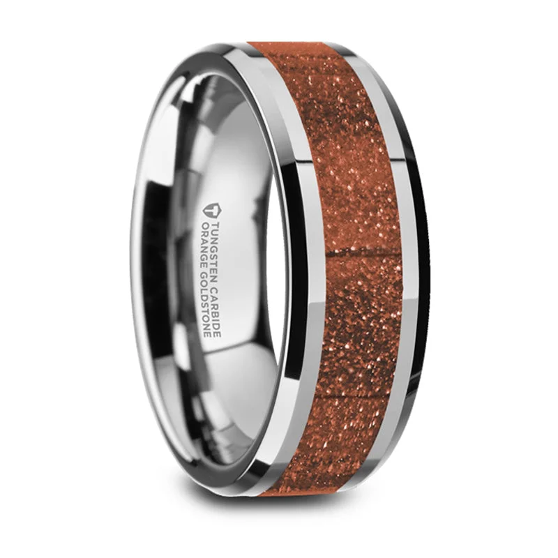 women's yellow gold engagement rings-Thorsten Bodhi Polished Finish Beveled Edges Tungsten Wedding Band w/ Orange Goldstone Inlay (8mm) W5988-WTGS