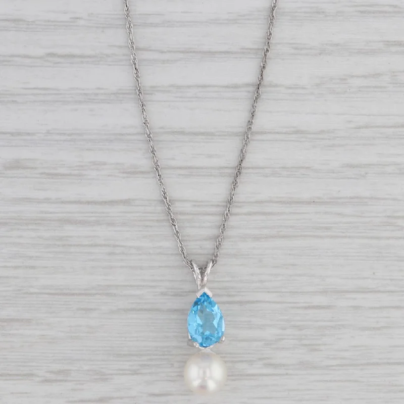 women's long necklaces-Cultured Pearl Blue Topaz Pendant Necklace 14k White Gold 18" Rope Chain