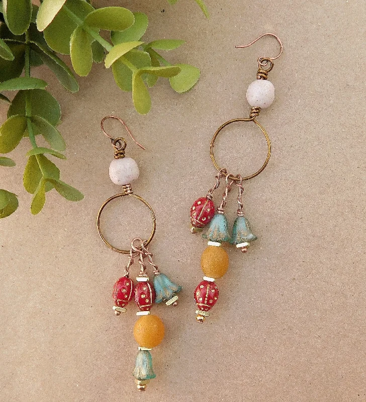 women's bridal earrings-Springtime Tulip and Ladybug Hoop Earrings