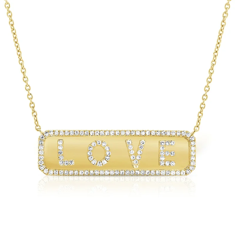 women's silver statement necklaces-14K Yellow Gold Diamond "Love" Plate Necklace