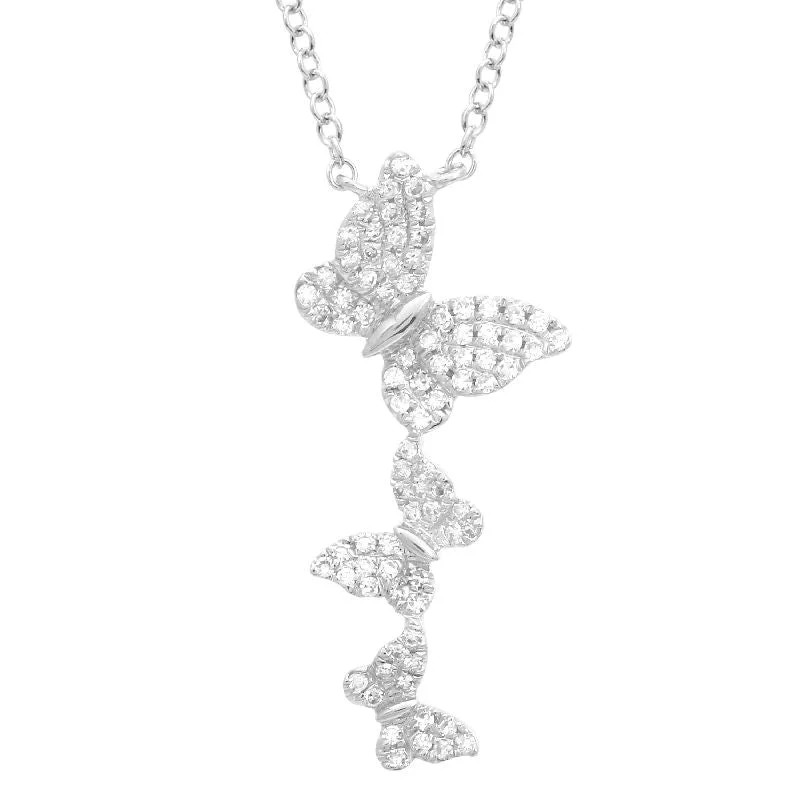 women's chakra necklaces-14K White Gold Diamond Triple Butterfly Necklace