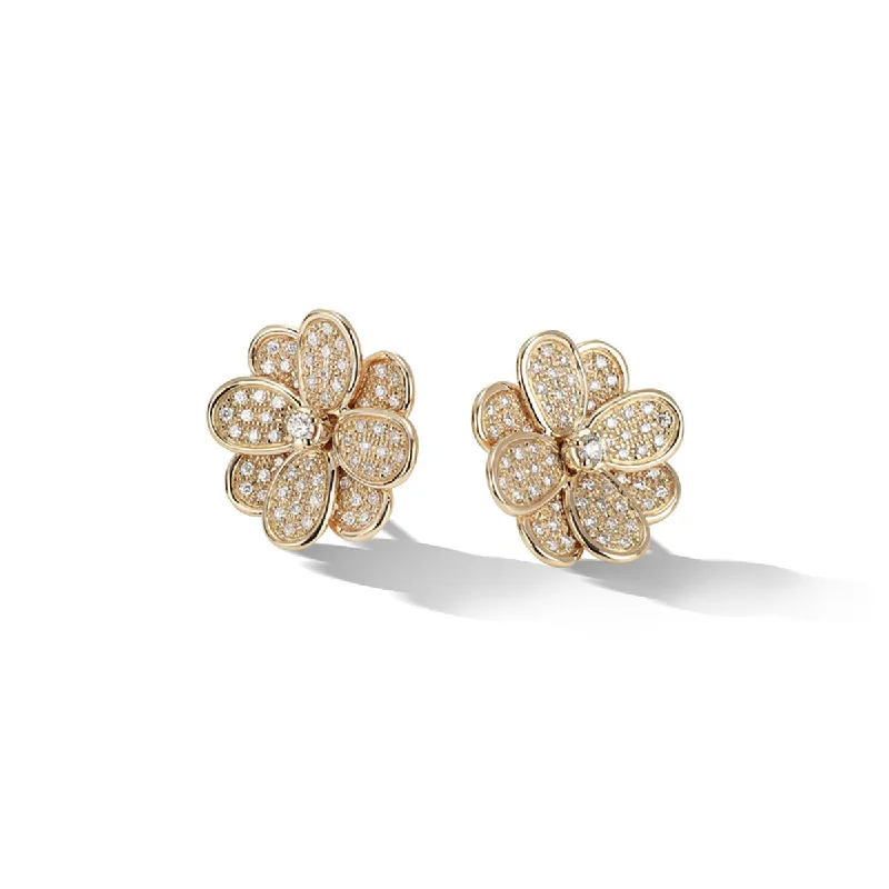 women's animal earrings-18K Yellow Gold and Full Pave Flower Stud Earrings