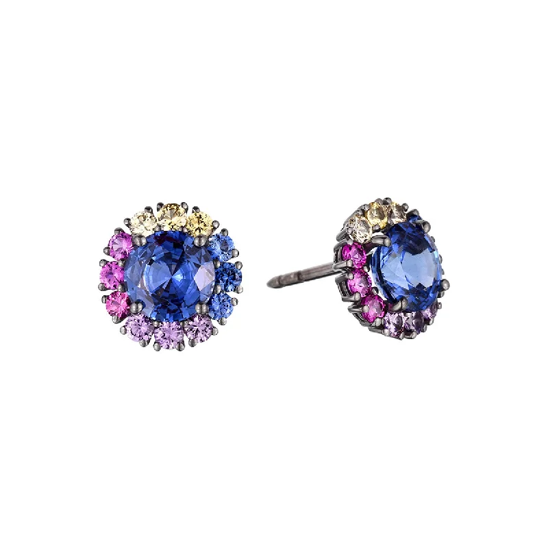 women's diamond stud earrings-Blue and Multi-color Sapphire Halo Stud Earrings