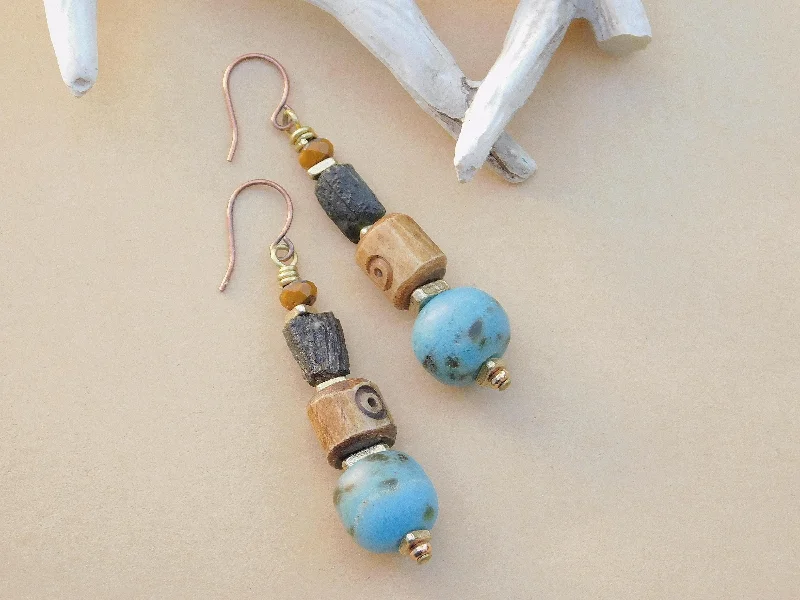 women's long drop earrings-Vintage Style Turquoise Recycled Glass Bead Earrings