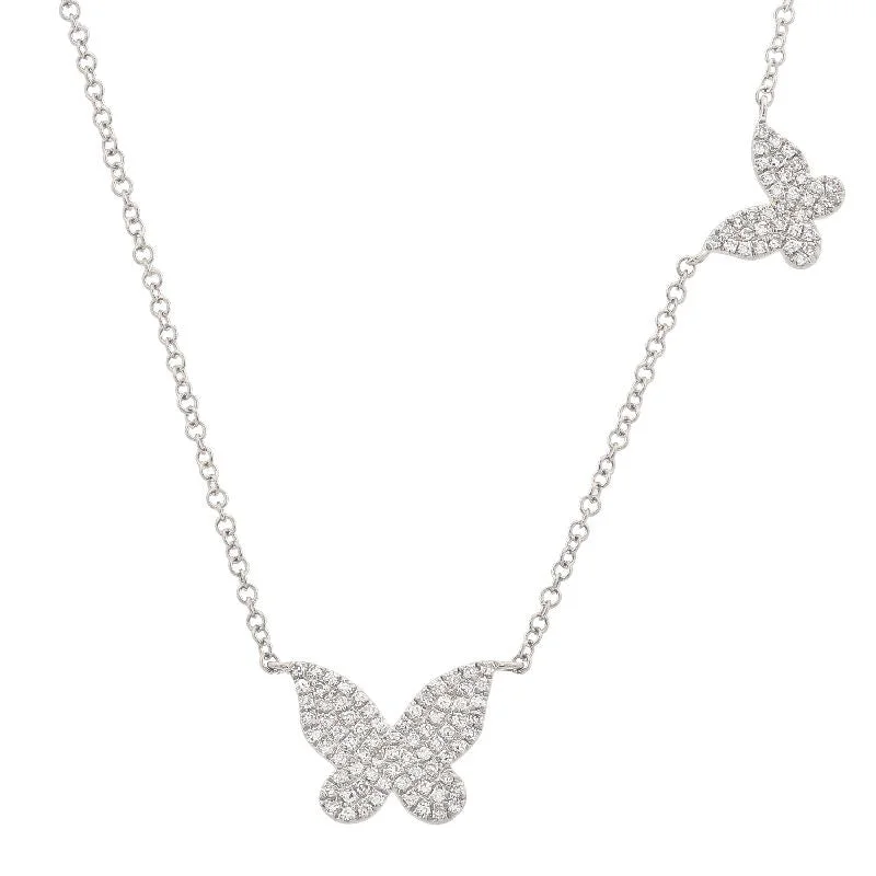 women's rose gold necklaces-14K White Gold Double Butterfly Diamond Necklace