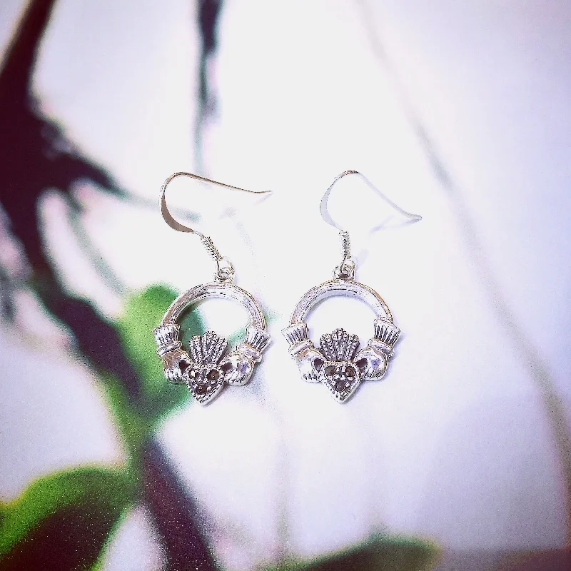 women's sterling silver dangly earrings-Sterling Silver Marcasite Claddagh Earrings