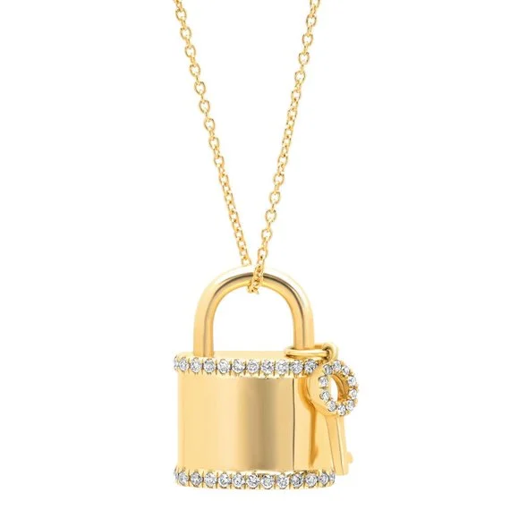 women's antique diamond necklaces-14K Yellow Gold Diamond Locket And Key Necklace