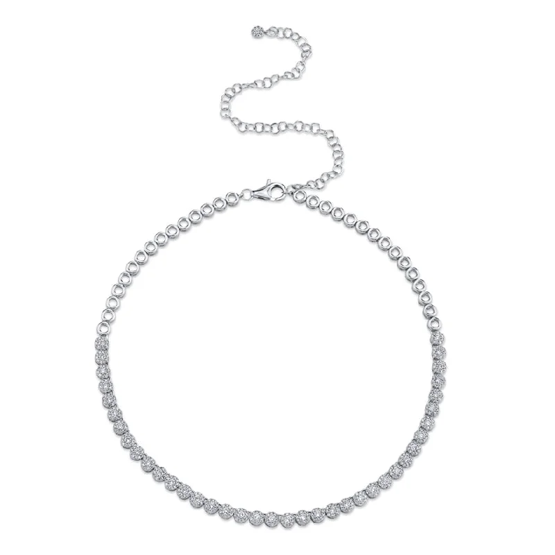 women's pendant and chain necklaces-14K White Gold Halo Diamond Choker Tennis Necklace