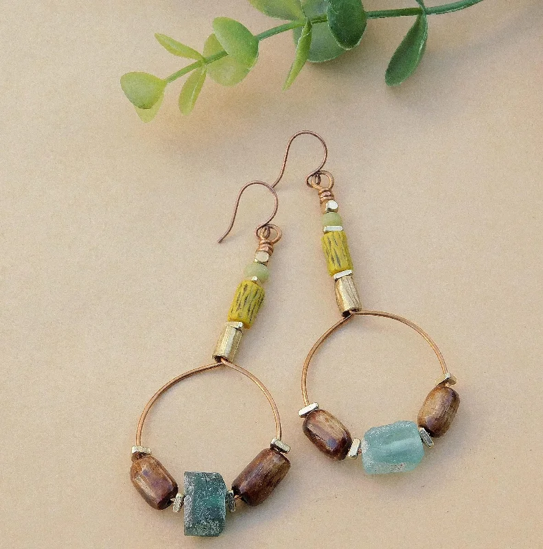 women's engraved earrings-Roman Glass, Vintage Kakamba Bamboo Bead and Bone Hoop Earrings