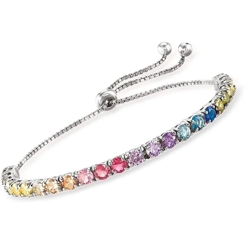 4mm-Colorful Crystals Adjustable Bracelet-Silver