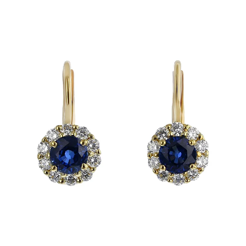 women's casual earrings-18K Yellow Gold Sapphire and Diamond Halo Earrings