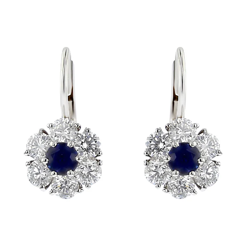 women's gold stud earrings-Blue Sapphire and Diamond Halo Drop Earrings