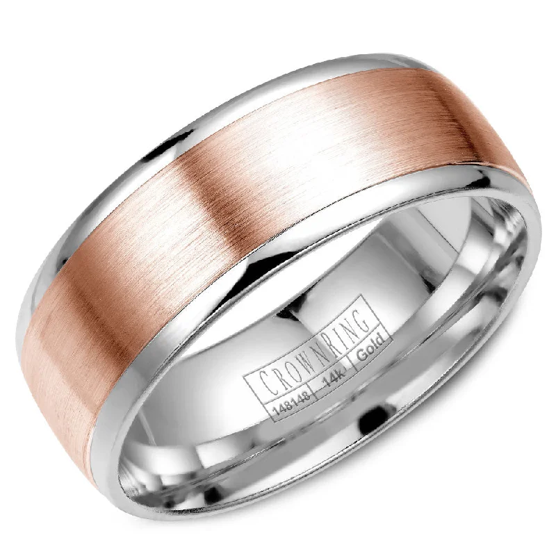 women's romantic engagement rings-CrownRing 8MM White Gold Wedding Band with Rose Gold Brushed Center WB-RW7068