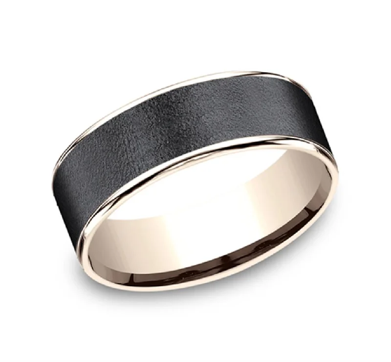 women's geometric design engagement rings-Darkened Tantalum And 14K Rose Gold ‘The Sargeant’ Wire Brush 7.5mm Wedding Band