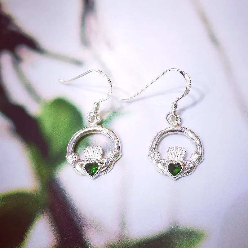 women's contemporary earrings-Sterling Silver Green Zirconia Claddagh Earrings