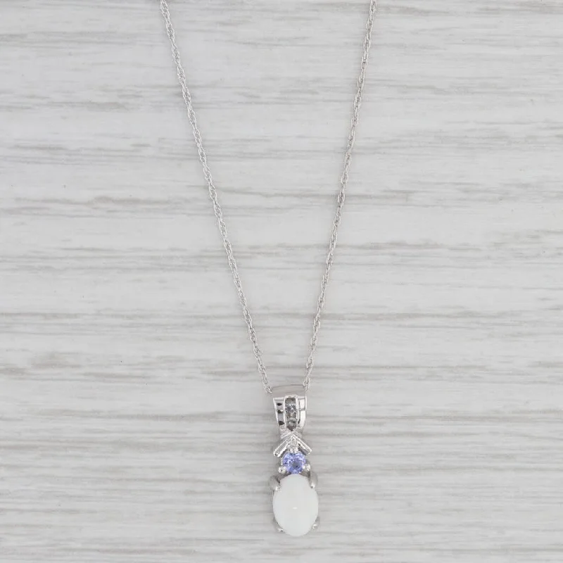 women's statement necklaces-Opal Tanzanite Pendant Necklace 14k White Gold 19.5" Rope Chain