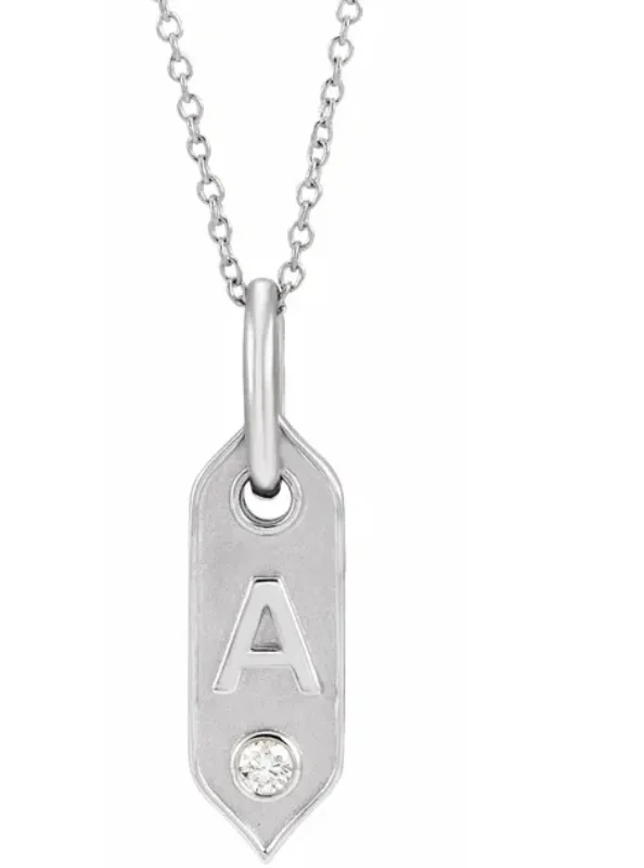 women's pendant necklaces-14K White Initial Diamond Tag Necklace