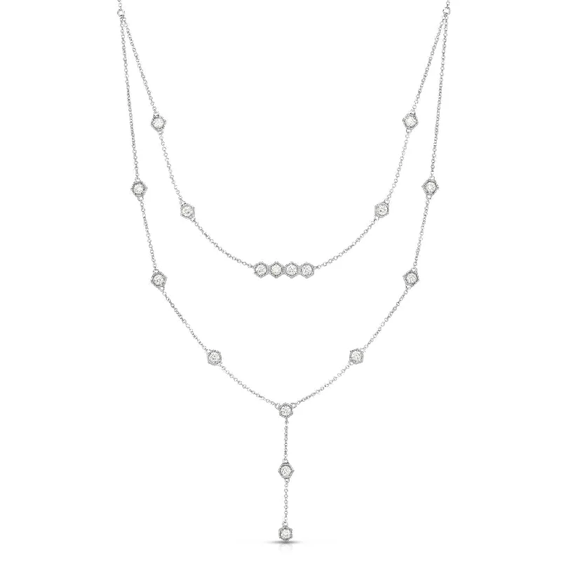 women's boho chic necklaces-14K White Gold Diamond Double Strand Necklace